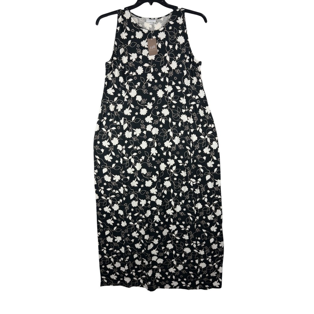 J. Jill Maxi Dress Floral Print Women M Tall Black White Sleeveless Stretch NEW